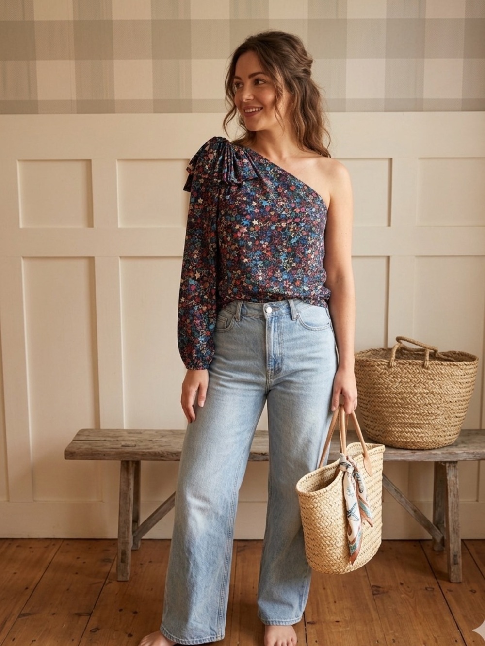 J. Crew One-Shoulder Star Print Blouse in Black with Multicolor Stars 10